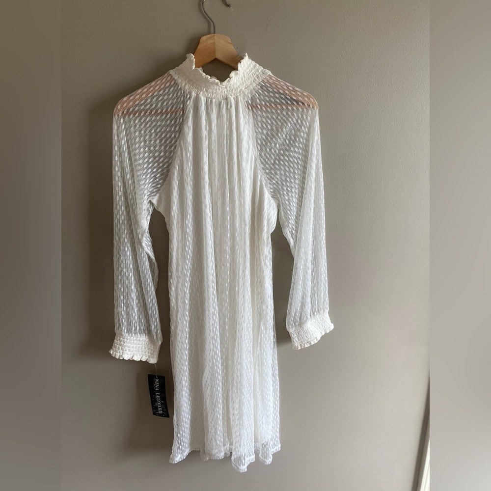 NWT Nina Leonard Dress L Sheer Mock Neck Long Sleeve Dotted Overlay In Ivory - Picture 2 of 10